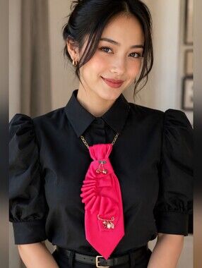 Statement Satin Cherry Pin Tie Necklace in Fuchsia With Subtle Gold Shimmer.